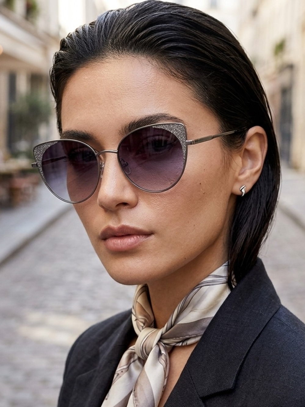 Women's Silver Glitter Cat-Eye Sunglasses with Gradient Lenses